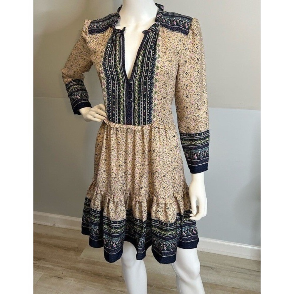 Veronica Beard Silk Mini Dress 4 Navy Paisley Floral Tiered Ruffle 100% Silk